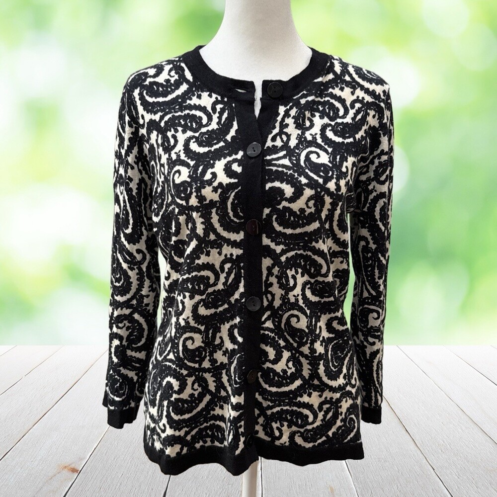 Vintage TALBOTS Merino Wool Cardigan Sweater Paisley Preppy Black White Size M